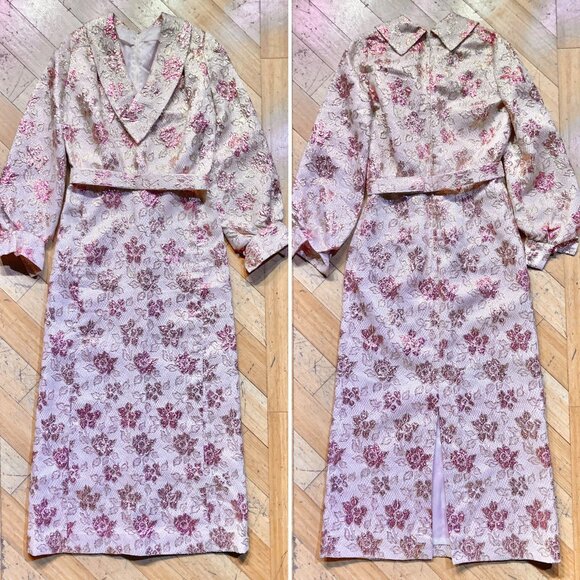 Vtg 60s 70s Maxi Hostess Dress Gown Pink Gold Floral Holiday Brocade Formal L - Picture 2 of 6